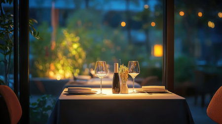 A beautifully set dinner table for two in a cozy restaurant, surrounded by soft lighting and greenery, creating an intimate and romantic dining experience at night.の素材