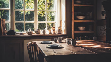 A cozy kitchen scene featuring a rustic wooden table set with vintage dishware, bathed in warm sunlight streaming through a large window, creating a serene atmosphere.の素材