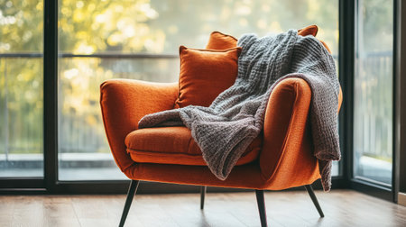 A stylish orange armchair adorned with a soft blanket, positioned by a large glass window, creating a serene and cozy atmosphere perfect for relaxation and enjoyment.の素材