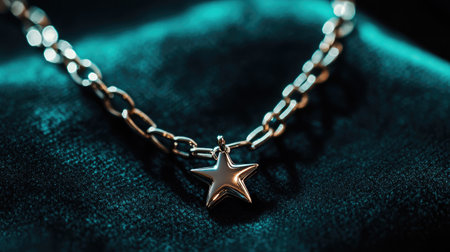 This captivating image showcases an elegant silver necklace featuring a star pendant, beautifully positioned on a dark fabric background, reflecting light with a touch of glamour.の素材