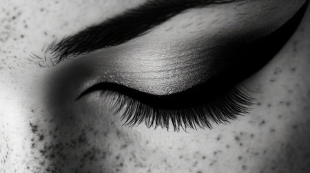 This striking close-up showcases a woman's eye, adorned with dramatic eyeliner and long lashes, complemented by charming freckles, all in a captivating black and white aesthetic.の素材
