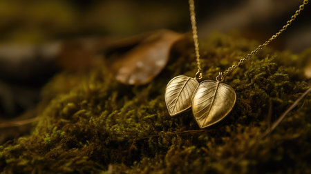 A stunning closeup of exquisite gold leaf necklaces lying on a soft bed of moss, perfectly capturing the harmony between nature and elegant fashion amidst a peaceful forest backdrop.の素材