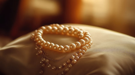A stunning arrangement of pearl jewelry showcased on a soft fabric, illuminated by warm light, perfect for highlighting luxury and elegance in bridal photography.の素材
