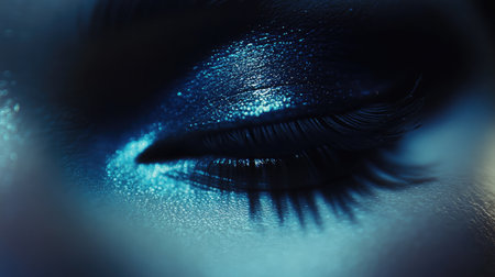 A mesmerizing close-up image of a beautifully made-up eye featuring shimmering blue eyeshadow and long, elegant lashes, capturing the essence of glamour and artistry in makeup.の素材