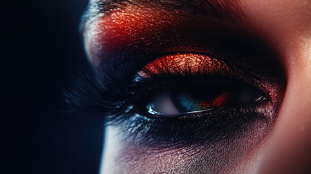 This close-up image captures a stunning woman's eye adorned with vibrant makeup, showcasing intricate details and a bold color palette perfect for beauty photography.の素材