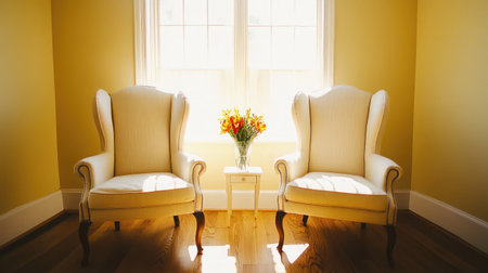 A charming seating area featuring two elegant wingback chairs positioned by a sunny window with a colorful bouquet, creating a warm and inviting atmosphere perfect for relaxation.の素材