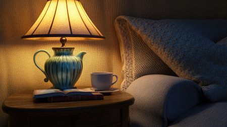 A beautifully arranged cozy bedroom scene highlighting a charming lamp, an elegant teapot, and a steaming cup beside a book on a nightstand, promoting relaxation and comfort.の素材