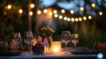 A charming outdoor dinner setting featuring elegant glassware and warm lighting, perfect for a romantic evening. The serene garden evokes a cozy atmosphere for gatherings.の素材