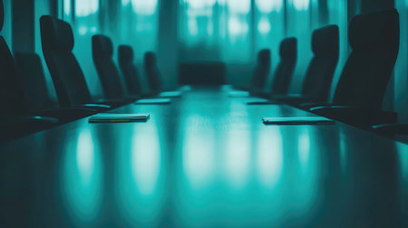 A sleek conference room featuring a long wooden table, ergonomic chairs, and abundant natural light, ideal for meetings and collaborative discussions in a modern workplace.の素材