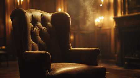 A vintage leather armchair sits prominently in a dimly lit room, surrounded by flickering candles, creating a mysterious and inviting atmosphere perfect for quiet moments.の素材