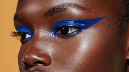 A captivating close-up of a model's face highlights striking blue eye makeup, showcasing a perfect blend of vibrant colors and stunning skin texture against a warm backdrop.の素材