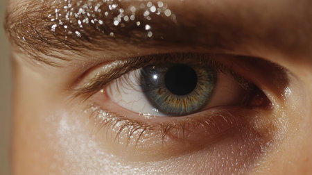 A stunning close-up portrait of a blue eye showcasing intricate details of the iris and eyelashes, enhanced by natural lighting that brings the human features to life.の素材