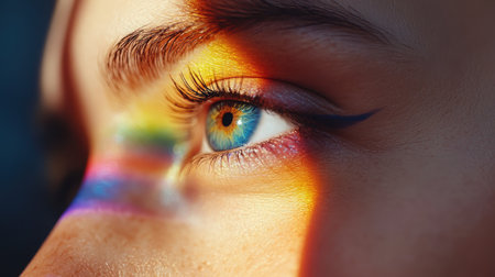This captivating close-up image features a beautiful eye with vibrant blue iris, adorned with a bold winged eyeliner, illuminated by colorful light reflections.の素材