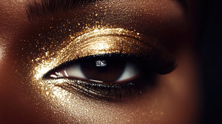 This stunning close-up image showcases a beautiful eye adorned with sparkling gold eyeshadow, emphasizing artistry in makeup and the beauty of light and texture.の素材