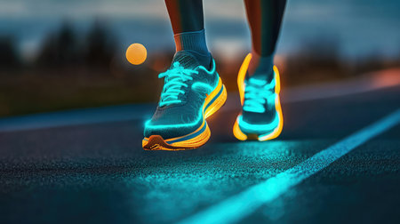 A dynamic image of a person running at dusk, showcasing brightly glowing sneakers on a track, highlighting energy and motion, perfect for fitness and sports themes.の素材