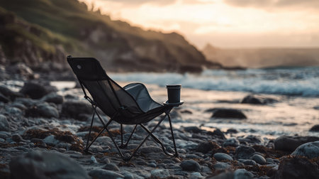 A serene scene featuring a portable chair positioned by the rocky shoreline, capturing the essence of relaxation amidst the calming waves and stunning sunset colors.の素材