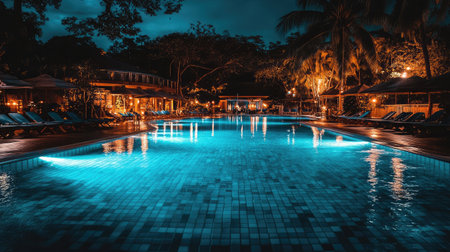 A stunning night view of a tranquil pool area bathed in blue light, surrounded by palm trees and elegant loungers, creating a serene tropical resort atmosphere perfect for relaxation.の素材