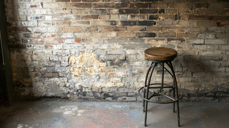 A vintage bar stool stands alone against a weathered brick wall, showcasing rustic industrial charm. Ideal for interior design, photography, or home decor projects.の素材