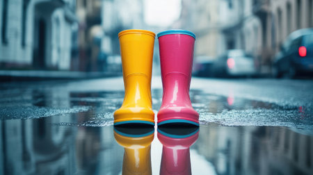 Two colorful rain boots, one yellow and one pink, stand in a puddle on a wet urban street. The scene captures a fun and playful atmosphere on a rainy day, symbolizing joy.の素材