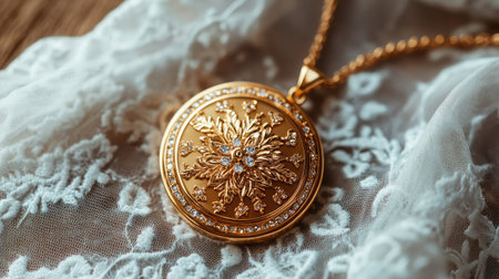 This stunning golden pendant features an ornate floral design adorned with sparkling stones, elegantly placed on a soft lace background, perfect for enhancing any outfit.の素材