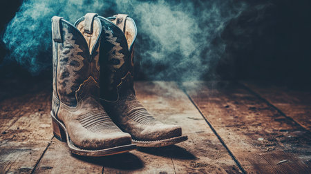 Capture the essence of country living with these vintage cowboy boots, featuring intricate designs, laid on a rustic wooden floor enveloped in a smoky atmosphere.の素材