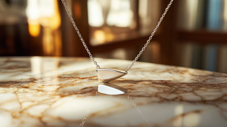 Captivating image of an elegant silver necklace resting on a polished marble surface, highlighted by warm light that accentuates its beauty and delicate design in a stylish setting.の素材