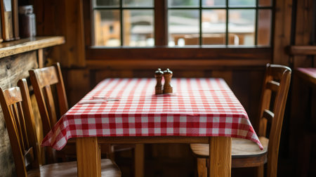 Experience the rustic charm of a cozy dining setting with a classic checked tablecloth, wooden furniture, and seasoning shakers, perfect for intimate meals or gatherings.の素材