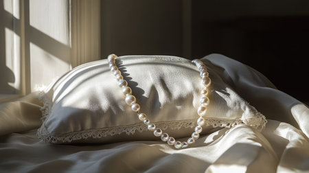 A delicate string of pearls drapes gracefully over a plush satin pillow, bathed in warm sunlight, evoking a sense of elegance and tranquil beauty in a refined interior space.の素材