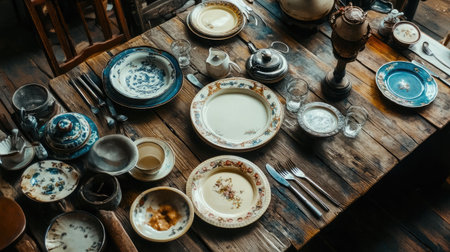 This image showcases a rustic dining table beautifully set with vintage dishware and glassware, creating a warm and inviting atmosphere for a memorable gathering.の素材