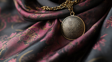 A beautiful vintage necklace resting on luxurious floral-patterned fabric, showcasing exquisite craftsmanship and timeless elegance, ideal for fashion or jewelry themes.の素材