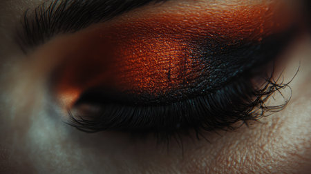 Close-up view of a beautifully made-up eye featuring vibrant orange and black eyeshadow, with long lashes highlighting artistic makeup techniques and beauty trends.の素材