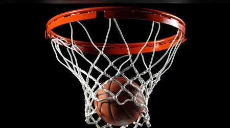 A dynamic image of a basketball about to enter the hoop, capturing the excitement of sports. The dramatic lighting highlights the energy of the game and athletic performance.の素材