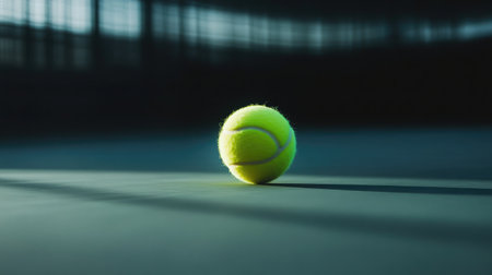 A vivid green tennis ball rests on a court surface, illuminated by soft light. This image captures the essence of sport, energy, and focus in a dynamic setting.の素材