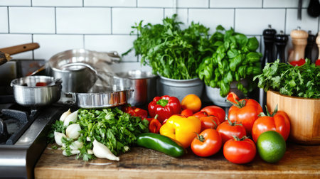 A beautiful display of fresh vegetables and herbs on a kitchen counter, showcasing a vibrant and healthy selection, inspiring culinary creativity and delicious meals.の素材