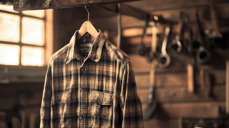 A vintage flannel shirt is elegantly displayed in a rustic workshop filled with tools, capturing a warm, inviting atmosphere that highlights craftsmanship and outdoor lifestyle.の素材