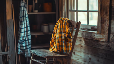 A charming rustic scene featuring a yellow flannel shirt draped over a wooden chair, enhanced by warm lighting and a cozy cabin atmosphere. Perfect for home and lifestyle themes.の素材
