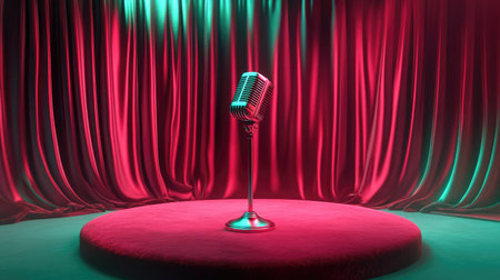 A captivating retro microphone stands alone on a circular stage, surrounded by vibrant red and green curtains, creating an ideal setting for a live performance or recording.の素材