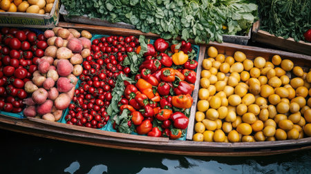 Vibrant display of fresh vegetables and fruits in a wooden boat at a lively market. This colorful arrangement highlights nature's bounty, inviting shoppers to explore healthy choices.の素材