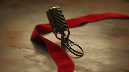This captivating image features a vintage microphone elegantly draped with a red ribbon, set against a smooth, textured backdrop, perfect for evoking themes of music and performance.の素材