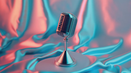 A vintage microphone stands elegantly on soft silk fabric, enhanced by blue and pink lighting, creating an artistic and serene atmosphere perfect for music and performance themes.の素材