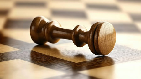 This image features a finely crafted wooden chess piece resting on a checkerboard surface, showcasing its elegant design and the rich textures of the game environment.の素材