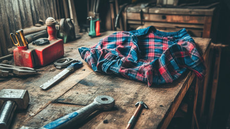 A serene workshop environment showcasing a folded plaid shirt resting on a wooden workbench amidst various tools, reflecting a harmonious blend of craftsmanship and comfort.の素材