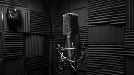 A professional microphone stands prominently in a soundproof recording studio, surrounded by acoustic foam panels, capturing clarity and enhancing audio production quality.の素材