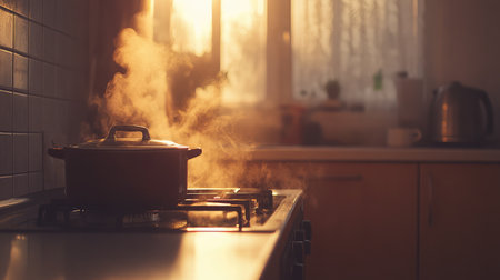 A serene kitchen scene captures the warm steam rising from a pot on a gas stove, bathed in soft morning light, evoking cozy cooking moments and a tranquil atmosphere.の素材