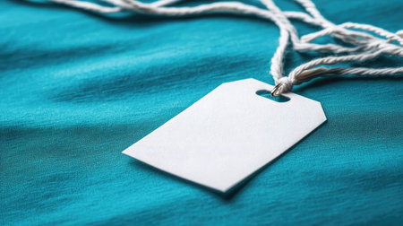 A blank price tag lies on a turquoise fabric background, perfect for labeling and crafting. Ideal for retail display, creative projects, or promotional use.の素材