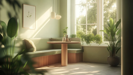 A serene indoor space bathed in sunlight, featuring modern furniture and lush plants, creating a peaceful atmosphere for relaxation or workspace enjoyment.の素材
