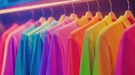 A striking collection of colorful polo shirts hangs neatly on hangers, displaying a variety of bright and neon shades, perfect for fashion enthusiasts looking for trendy options.の素材