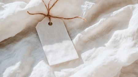 A simple rustic tag rests on soft white fabric, ideal for branding, gift wrapping, or enhancing photo styling with a natural and elegant touch. Perfect for creative projects.の素材