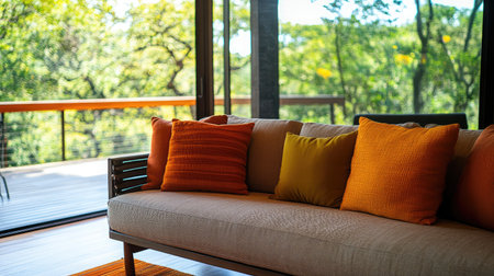 A bright and cozy living room featuring colorful cushions on a modern sofa, large windows displaying stunning greenery, creating a welcoming and tranquil atmosphere.の素材