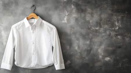 A classic white shirt displayed on a wooden hanger, set against a textured gray wall. Perfect for fashion showcases, clothing brands, or lifestyle imagery.の素材